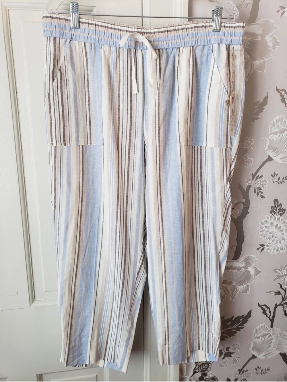 Land' n Sea Linen Blue Tan White Striped Crop Tie Waist Pants L